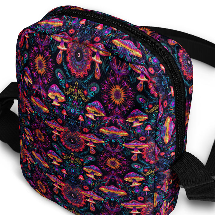 Angled view of PSYMUSH psychedelic bag – vibrant mushroom mandala style for festivals and daily wear