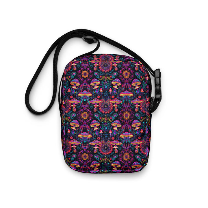 Back of PSYMUSH bag – glowing mushroom geometry for rave wear and visionary travel