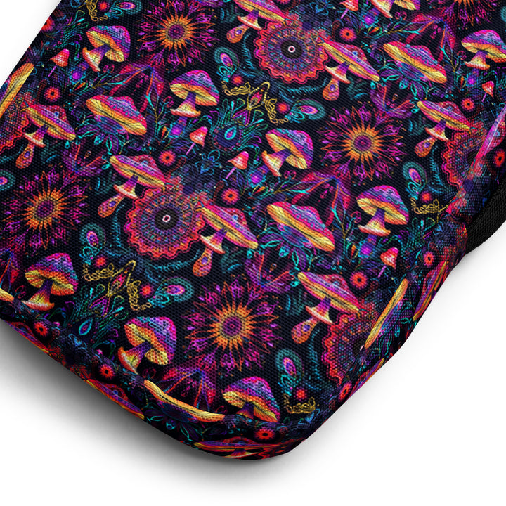 Close-up of PSYMUSH fabric – psychedelic mushroom geometry print in glowing vivid colors