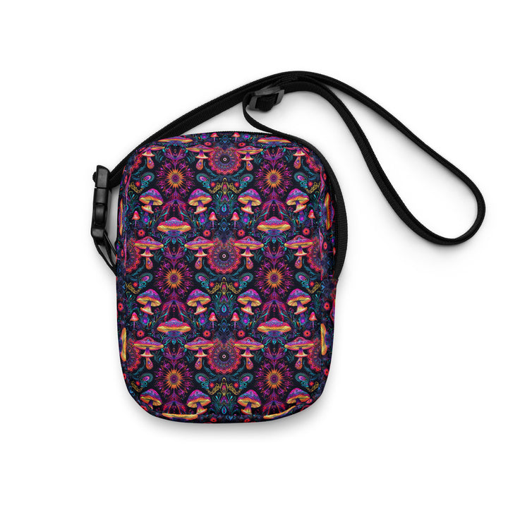 Front view of PSYMUSH crossbody – compact design with colorful mushroom sacred pattern