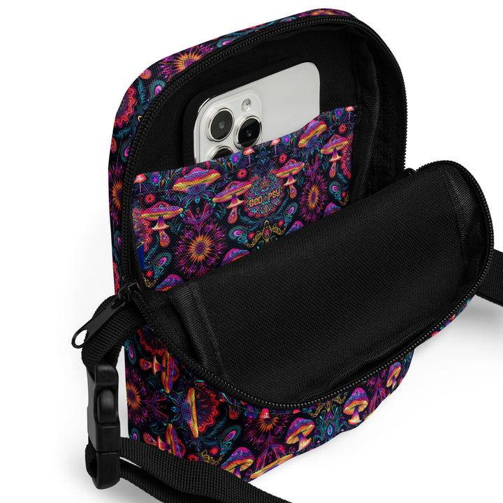 Interior of PSYMUSH crossbody – holds essentials with comfort, style & sacred vibes