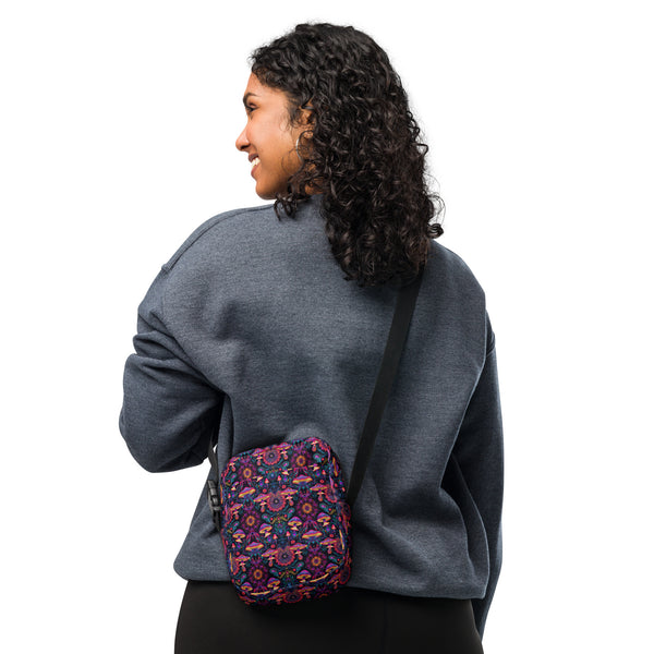Person wearing PSYMUSH psychedelic crossbody bag – trippy mushroom sacred geometry style for raves & festivals