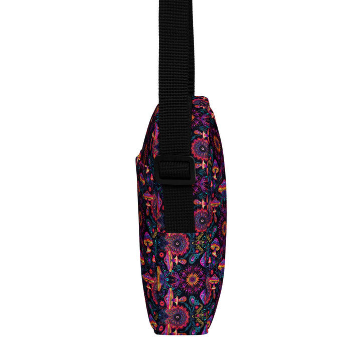 Left side view of PSYMUSH crossbody – tribal mushroom design for raves, travel, and unisex streetwear