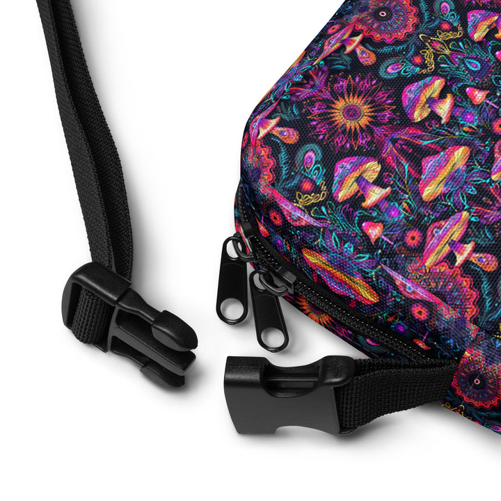 Zipper and strap details of PSYMUSH – water-resistant, strong and adjustable for movement