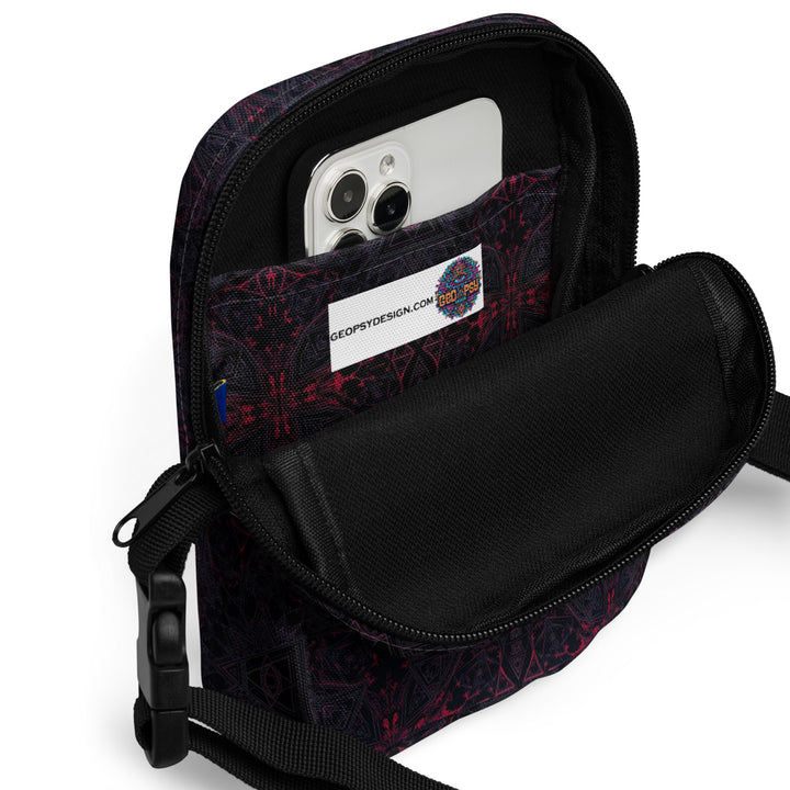 Interior of THIRDEYE bag – perfect psychedelic crossbody for phones, wallets, and festival essentials