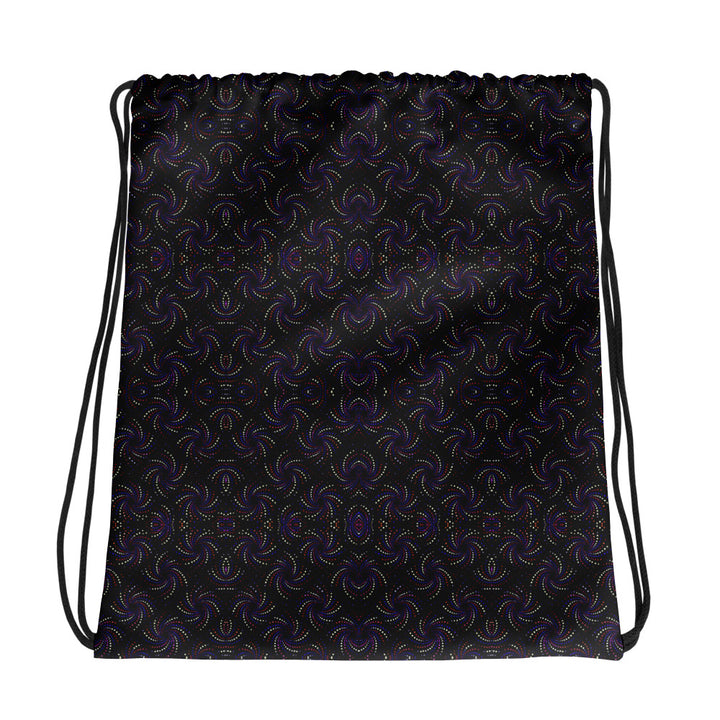 Flat back of Dotadelic Purple psychedelic bag – trippy geometric design in deep purple
