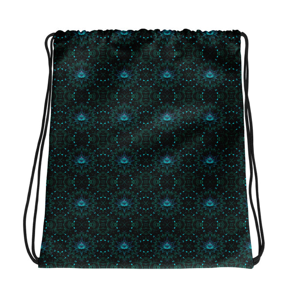 GeoLotus psychedelic drawstring bag – sacred geometry front design for festival vibes