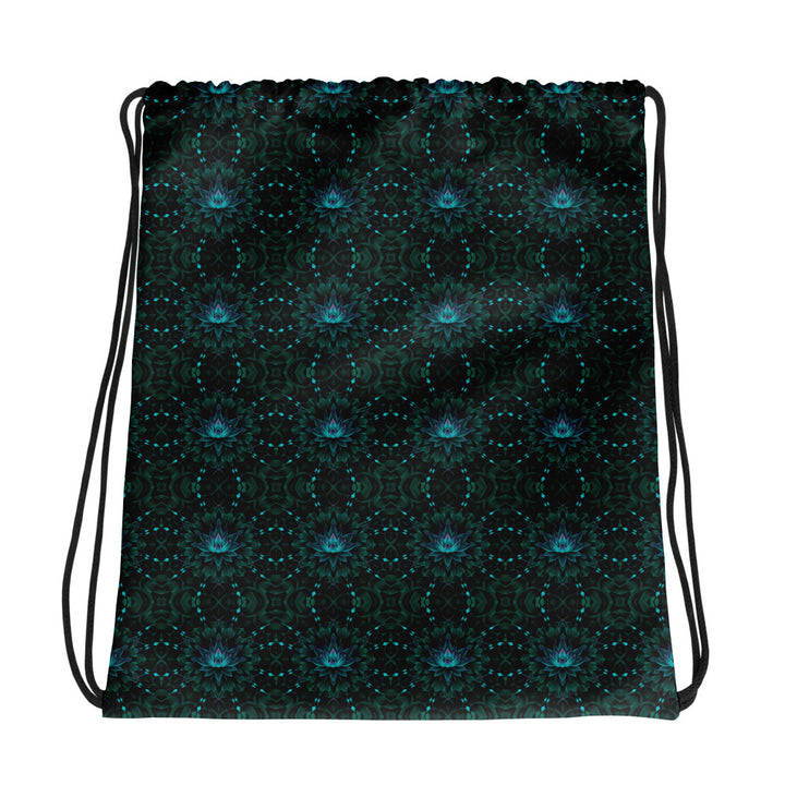 GeoLotus psychedelic drawstring bag – sacred geometry front design for festival vibes