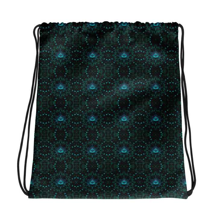Flat back view of GeoLotus festival drawstring bag with visionary tribal pattern