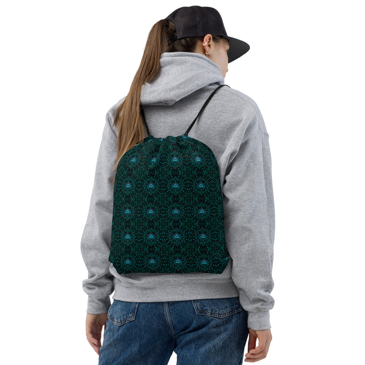 Model wearing GeoLotus trippy drawstring backpack – perfect for raves and yoga flow