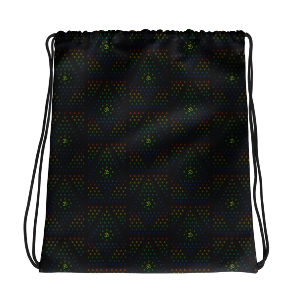 GeOm Black psychedelic drawstring bag – sacred geometry front design for visionary festival style