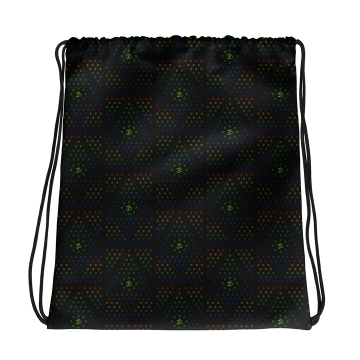 GeOm Black psychedelic drawstring bag – sacred geometry front design for visionary festival style