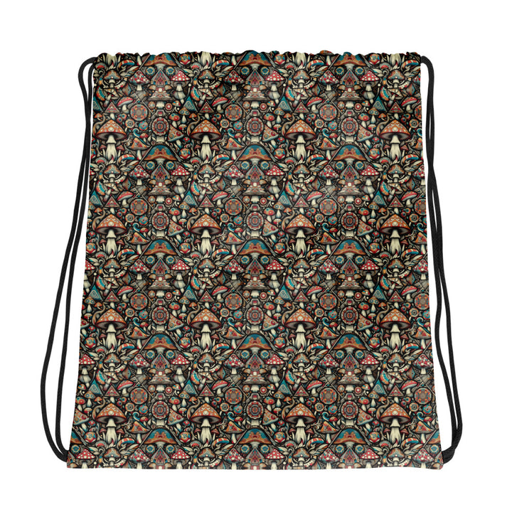 Flat back of GeoMush festival drawstring bag – tribal mushroom pattern for rave vibes