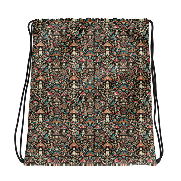 GeoMush psychedelic drawstring bag – sacred geometry and mushroom-inspired front design