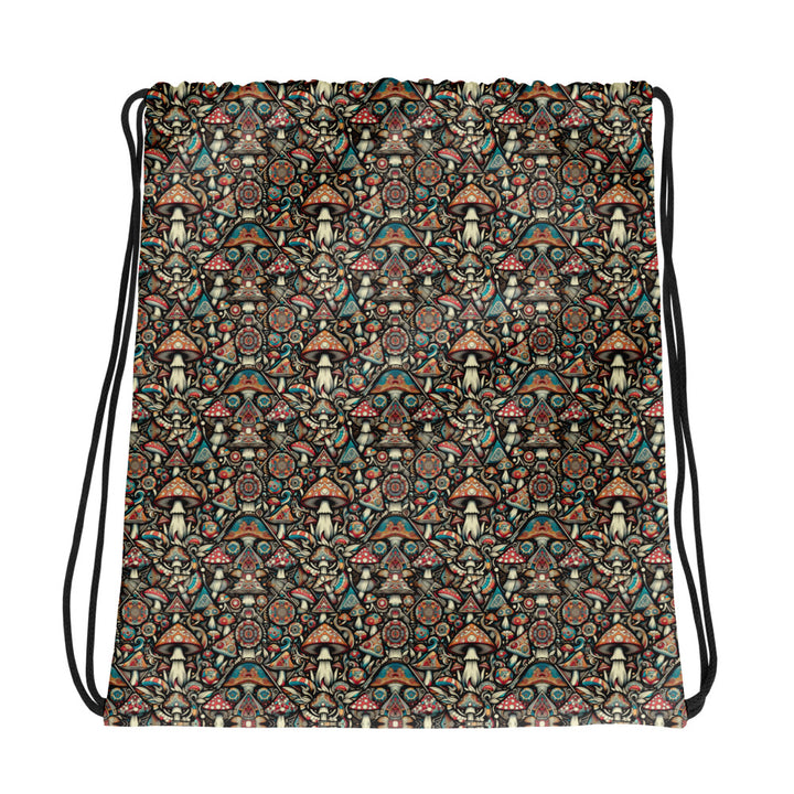GeoMush psychedelic drawstring bag – sacred geometry and mushroom-inspired front design