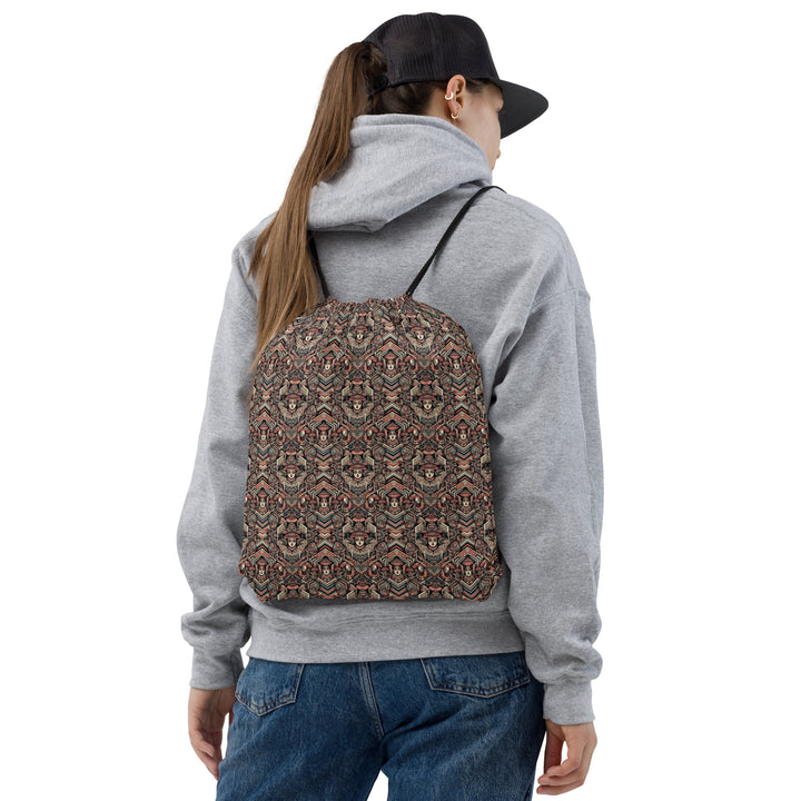 Model wearing GeoTribe trippy drawstring bag – perfect for festivals, yoga, and psytrance adventures
