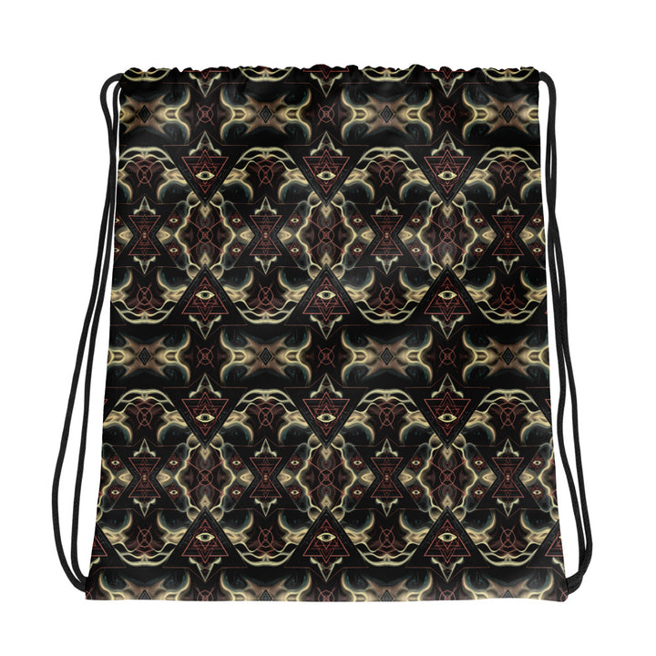 Flat back of LumenTria festival drawstring bag – trippy sacred geometry and tribal-inspired pattern