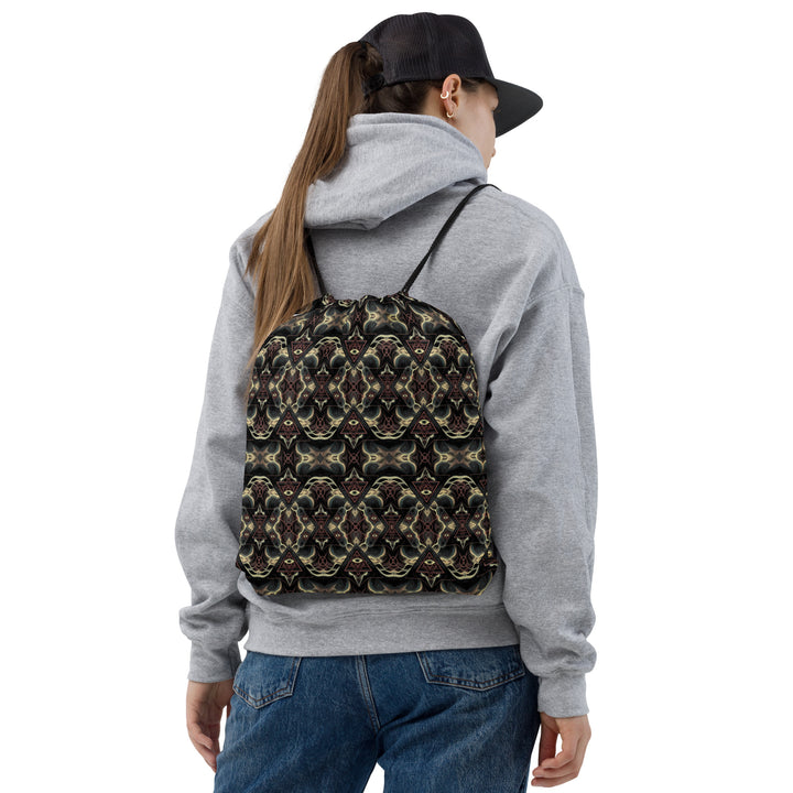 Model wearing LumenTria trippy drawstring bag – perfect for raves, yoga, and sacred journeys
