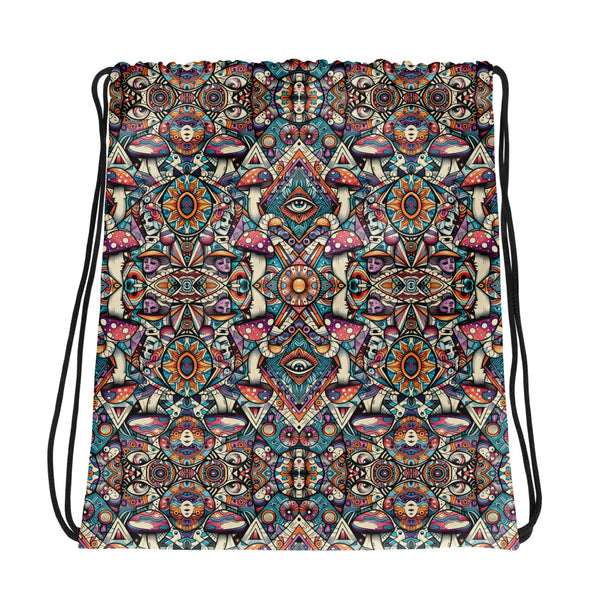 MushTribe psychedelic drawstring bag – tribal mushroom design with sacred geometry for festival style