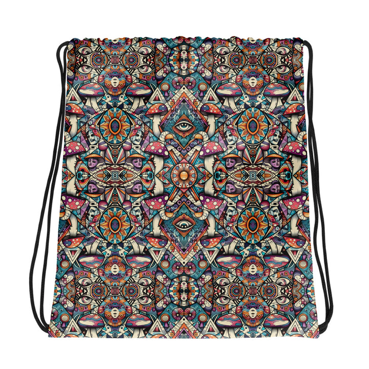 MushTribe psychedelic drawstring bag – tribal mushroom design with sacred geometry for festival style