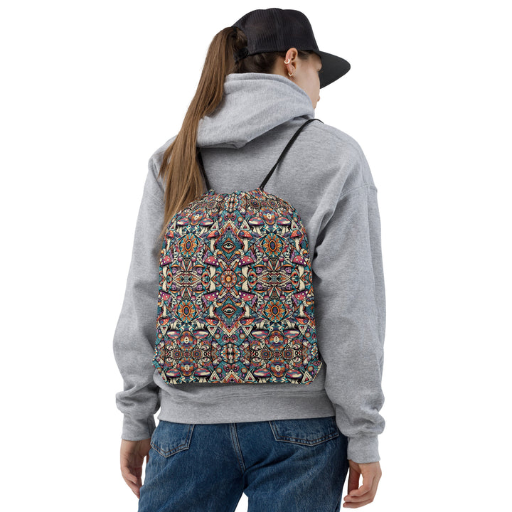 Model wearing MushTribe trippy drawstring bag – perfect for raves, forest festivals, and yoga flow