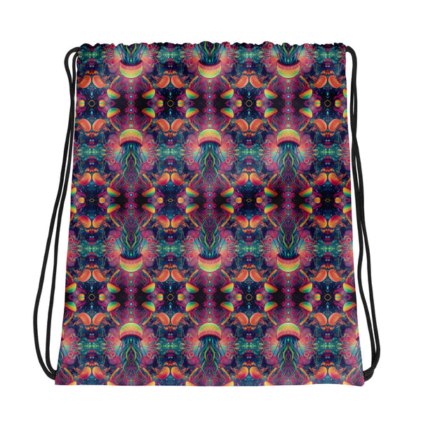 PsyJellyfish psychedelic drawstring bag – glowing jellyfish and sacred geometry design for festivals