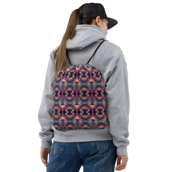 Model wearing PsyJellyfish drawstring bag – perfect for raves, yoga, and aquatic-inspired fashion