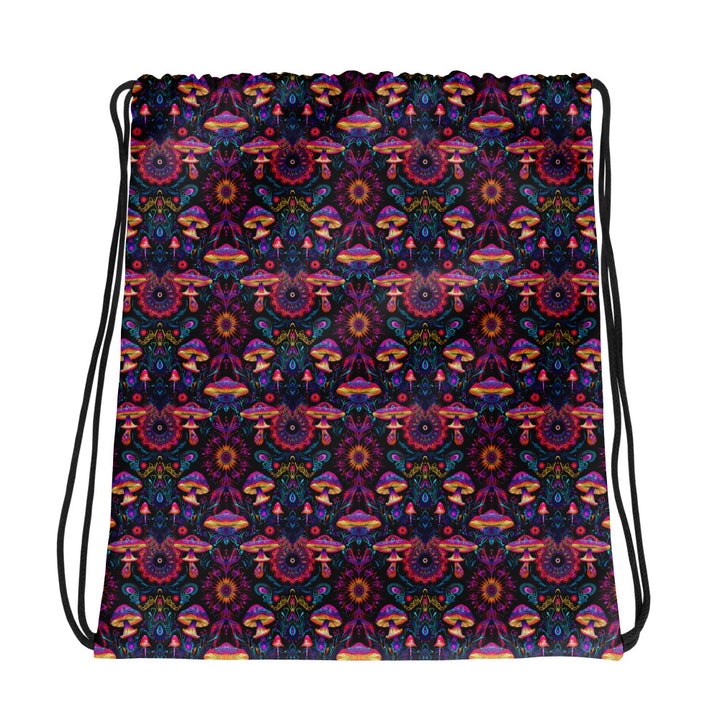 Flat back of PsyMush festival drawstring bag – trippy mushroom art with tribal geometry pattern