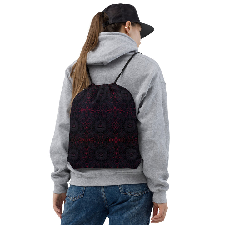 Model wearing THIRDEYE drawstring bag – perfect for yoga, raves, and psychedelic expression