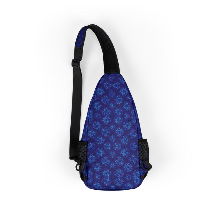 Back view of AquaTwirl sling bag featuring trippy aquatic swirls and visionary geometric art