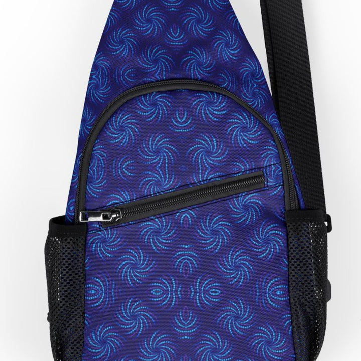 Close-up of AquaTwirl sling bag print – detailed water swirl and sacred geometry design in blue tones