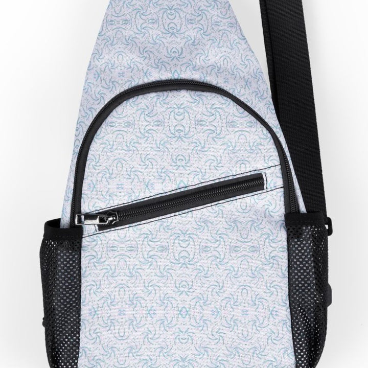 Close-up of dotadelic and sacred geometry print on psychedelic sling bag – Trippy visionary details