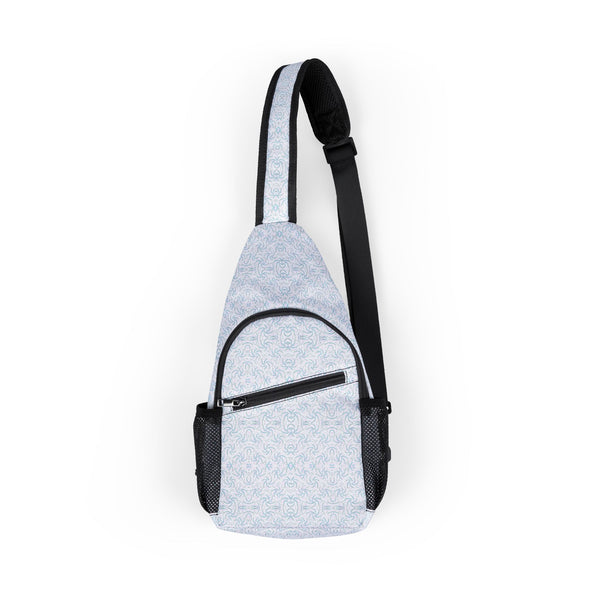 Front view of white and blue psychedelic sling bag with sacred geometry pattern – Dotadelic design