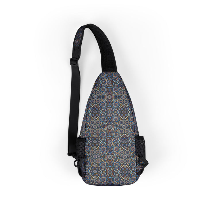 Back view of DotSwirl sling bag featuring vibrant swirling dots and visionary psychedelic art