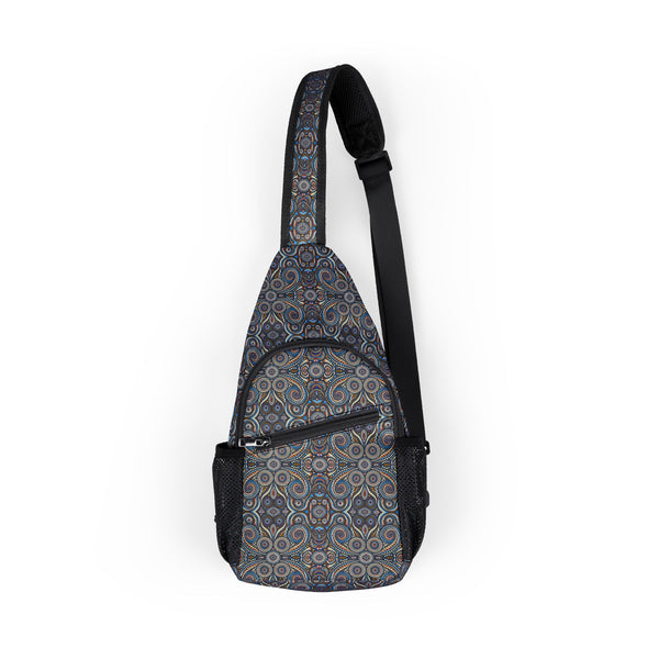 Front view of DotSwirl psychedelic sling bag with swirling dot pattern and sacred geometry design