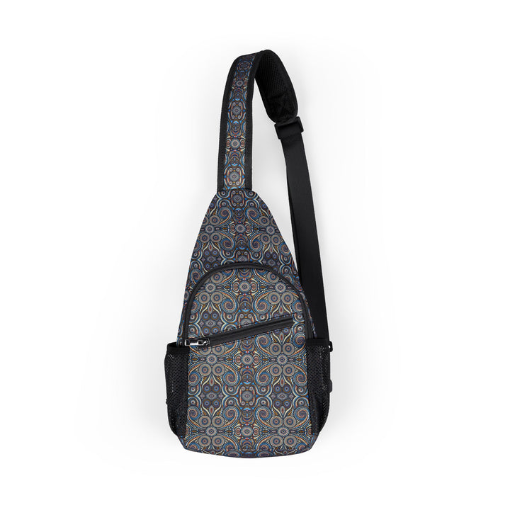 Front view of DotSwirl psychedelic sling bag with swirling dot pattern and sacred geometry design