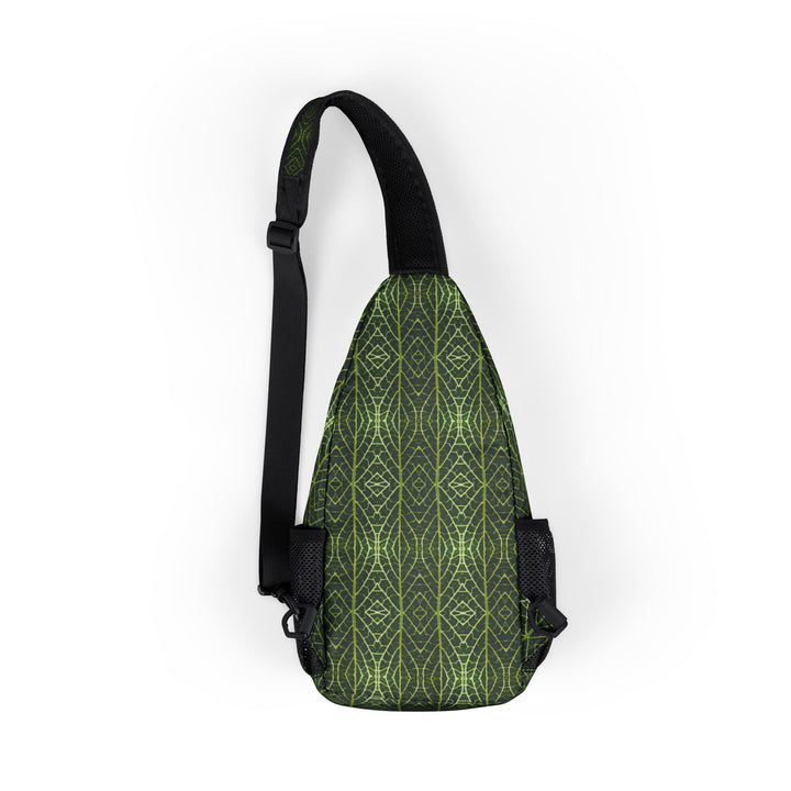 Back view of FittoniaGrid sling bag featuring intricate grid pattern inspired by fittonia leaves and visionary geometry