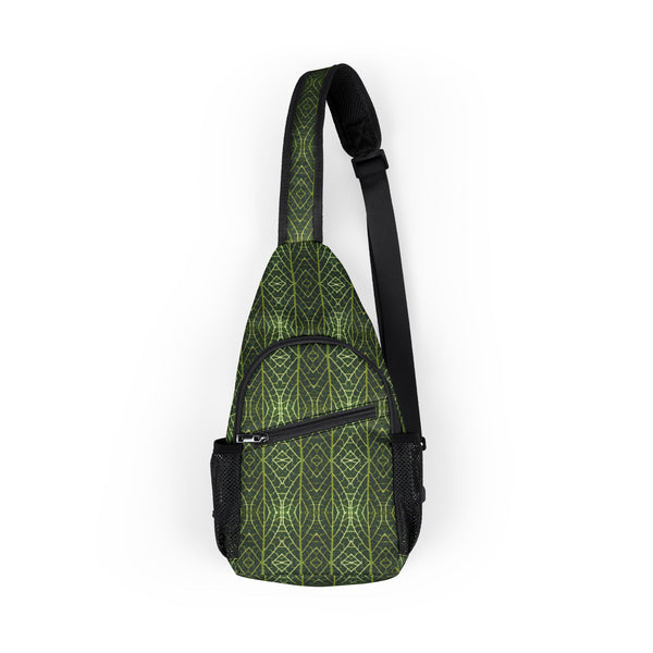 Front view of FittoniaGrid psychedelic sling bag with vibrant fittonia leaf pattern and sacred geometry design