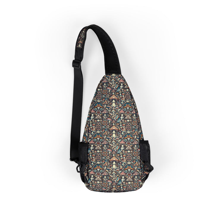 Back view of GEOMUSH sling bag featuring trippy mushroom design fused with geometric visionary art