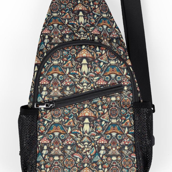 Close-up of GEOMUSH print – sacred geometry meets psychedelic mushrooms in a vibrant festival design