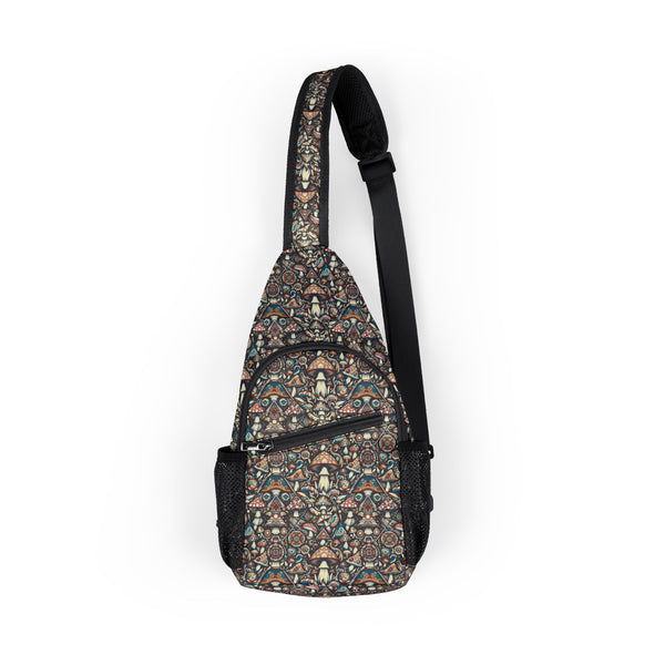 Front view of GEOMUSH psychedelic sling bag with mushrooms and sacred geometry pattern