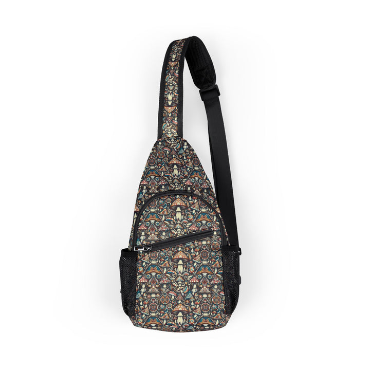 Front view of GEOMUSH psychedelic sling bag with mushrooms and sacred geometry pattern