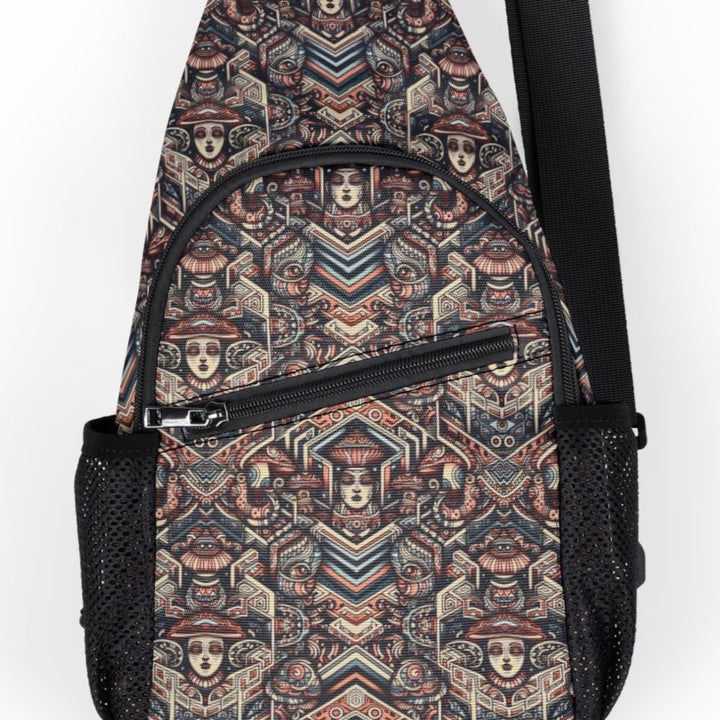 Close-up of GEOTRIBE sling bag print – sacred tribal pattern fused with geometric psychedelic details