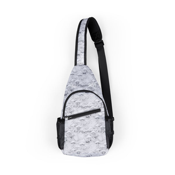 Front view of MushForest psychedelic sling bag with trippy mushroom and forest-inspired geometry design
