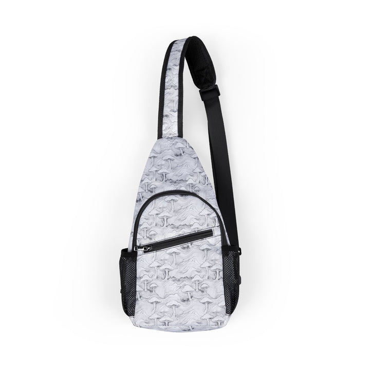 Front view of MushForest psychedelic sling bag with trippy mushroom and forest-inspired geometry design
