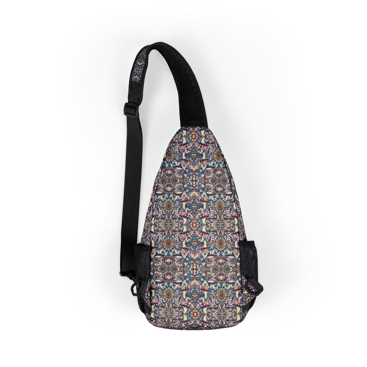 Back of MushTribe sling bag featuring sacred tribal patterns with psychedelic mushroom elements