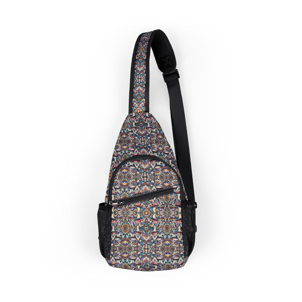 Front view of MushTribe psychedelic sling bag with tribal mushroom design and visionary geometry