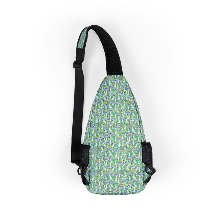 Back view of psychedelic sling bag in green with trippy mushroom pattern – MushTrip design