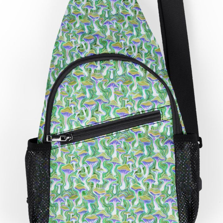Close-up of mushroom and sacred geometry print on green psychedelic sling bag – visionary details
