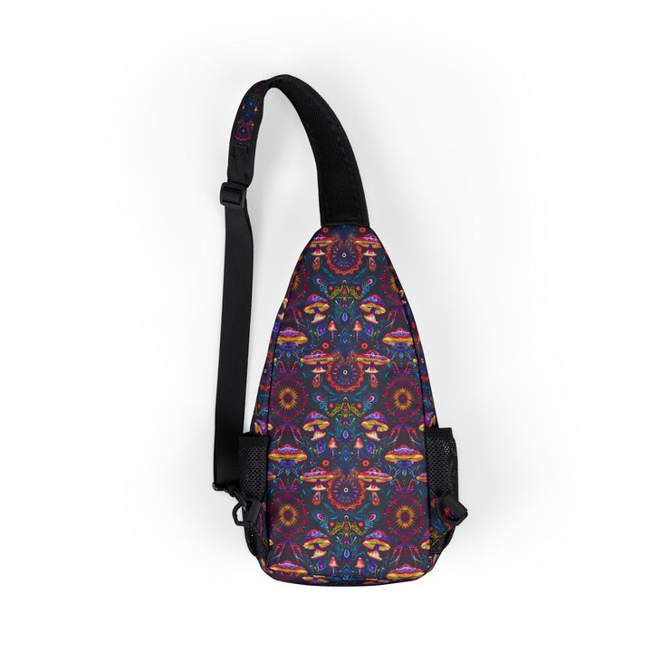 Back view of PSYMUSH sling bag featuring psychedelic mushroom pattern fused with visionary geometry